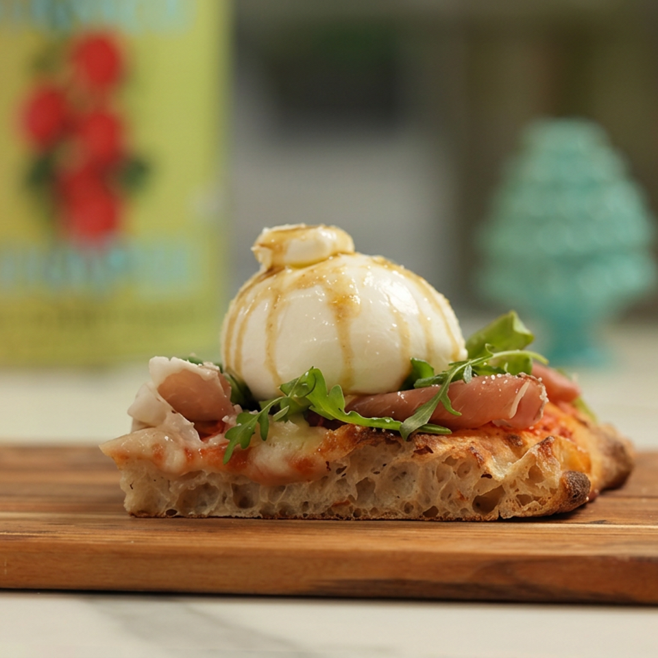 Gourmet pizza topped with creamy burrata, prosciutto, arugula, and tomato sauce on a wooden serving board.