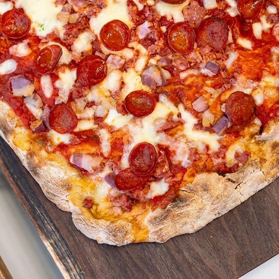Close-up of a wood-fired pepperoni pizza topped with sausage, ham, red onion, melted cheese, and a charred crust.