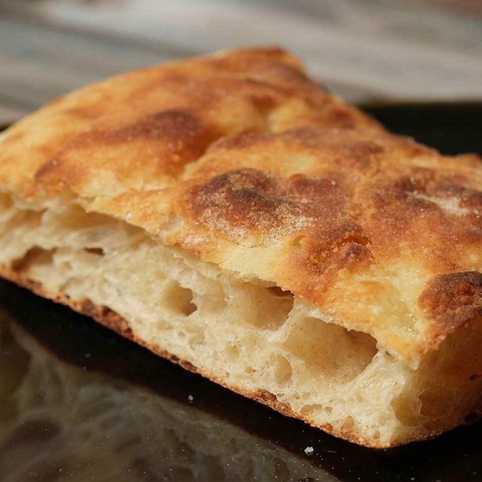 Golden-brown, airy focaccia bread with a crisp crust sits on a glossy black plate.
