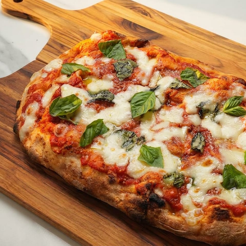 Neapolitan-style pizza topped with tomato sauce, melted mozzarella, and fresh basil on a wooden serving board.