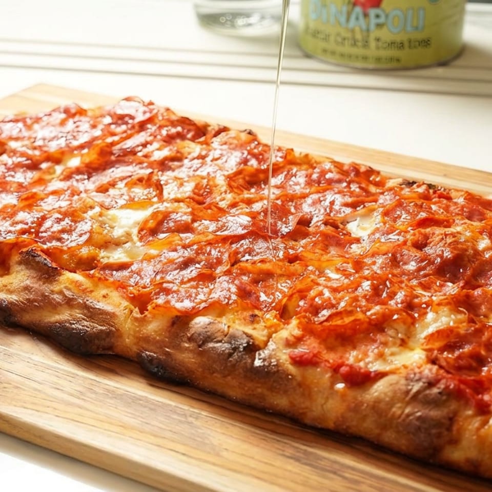 Rectangular pizza topped with tomato sauce, melted cheese, and pepperoni sits on a wooden board as oil is drizzled.